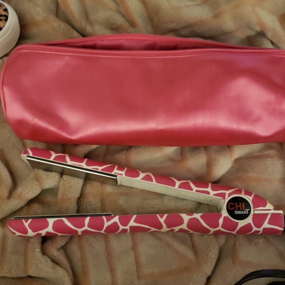 Pink and white Chi smart hair straighter with case
